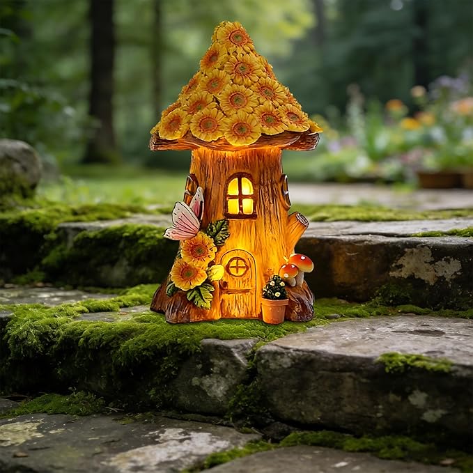 Resin Sunflower House Statue Solar Light, LED Waterproof Decorative Light, Birthday Gifts for Women Mom Grandma, Outdoor Sunflower Garden Statue Decoration for Garden Yard Patio Lawn Balcony Porch