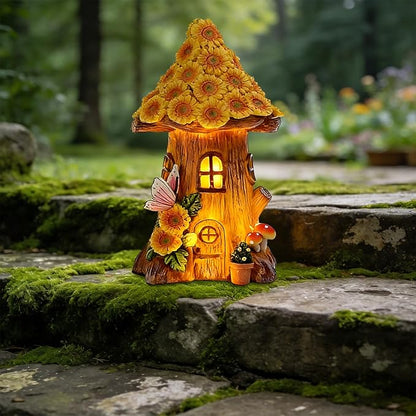 Resin Sunflower House Statue Solar Light, LED Waterproof Decorative Light, Birthday Gifts for Women Mom Grandma, Outdoor Sunflower Garden Statue Decoration for Garden Yard Patio Lawn Balcony Porch