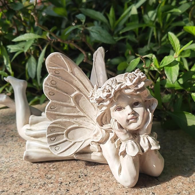 Whimsical Angel Garden Statue – Hand-Painted Laying Fairy Figurine for Yard, Patio or Flower Bed – Resin Outdoor Decoration (10.2” Long)