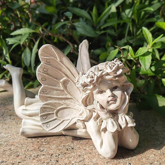 Whimsical Angel Garden Statue – Hand-Painted Laying Fairy Figurine for Yard, Patio or Flower Bed – Resin Outdoor Decoration (10.2” Long)