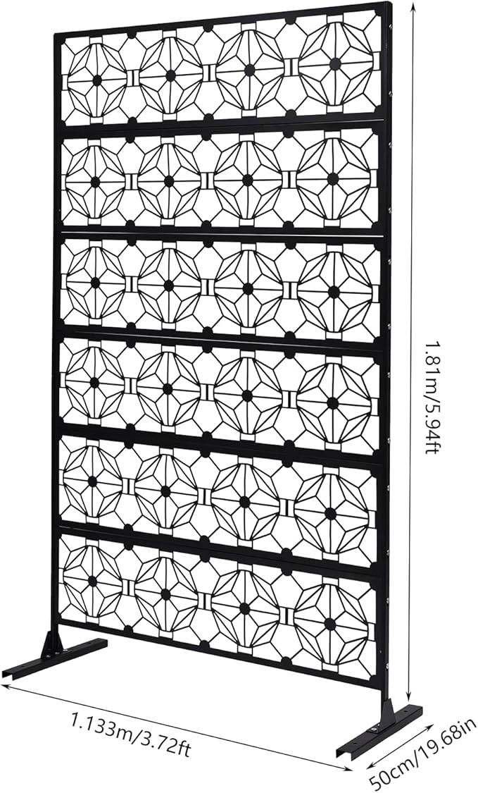Metal Privacy Screen, 72" H x 44" W Freestanding Privacy Screens, Patio Decorative Metal Fence Panels with Stand, Portable Divider Screens, for Backyard/Patio/Deck (Black-Print, 72''H×44''W)