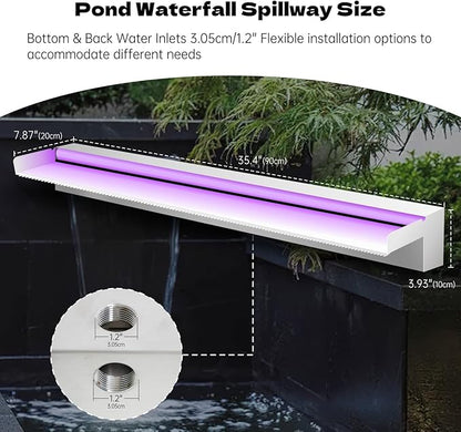 Waterfall Spillway Stainless Steel Pond Waterfalls with Color Changing LED Light, Outdoor Pool Fountain Water Feature Kit for Garden Patio Swimming Pool Koi Ponds Decor-36"x8"x4"