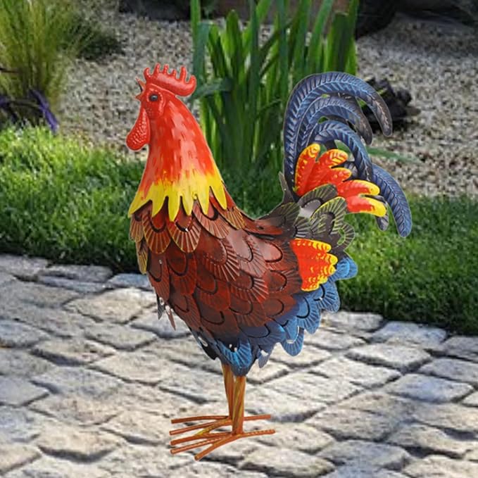 Iron Rooster Garden Statue Animal Figurine Decoration Lawn Ornament Chicken Sculpture for Entrance Plant Pot Farm Fence Porch