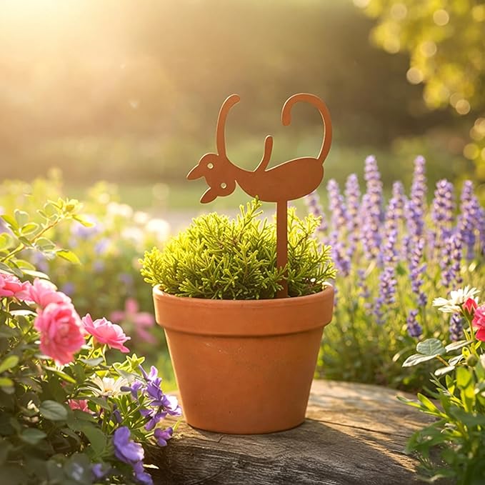 Sleepy Cat Metal Plant Stake - Garden Decoration Powder Paint Coating Gardenpot Pick-Steel-Brown
