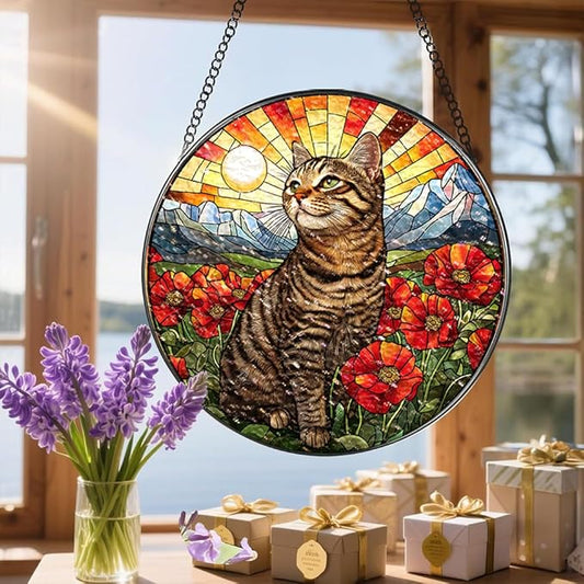 Stained Glass Suncatcher Window Hanging, 7.8 Inch Handmade Sunflower Garden suncatchers, Suncatcher Home Decor,Gift for Women, Mom, Grandma (Cat)