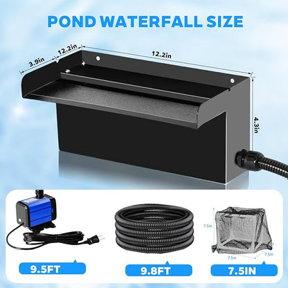 Upgraded Outdoor Pond Waterfall Kit with 50W Pump - 825 GPH Water Flow, 12.2 Inch Adjustable Waterfall Spillway & Extra Long Hose for Garden Ponds, Backyard Water Features (upgrade)