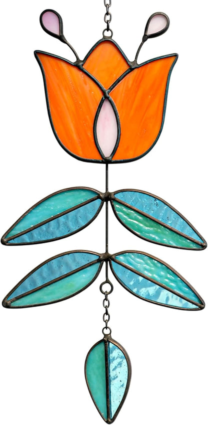 Coral Tulip Stained Glass Suncatcher, Folk Flower Stained Glass Window Hanging Sun Catcher, Retro Funky Home Decor, Handmade Coastal Ornaments, 9.4" x 4.7"