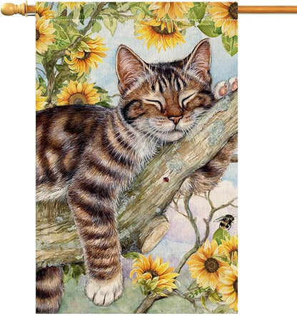 BLKWHT Summer Cat House Flag 28 x 40 Vertical Double Sided Yellow Sunflower Spring Farmhouse Holiday Outside Decorations Burlap Yard Flag BW640-40