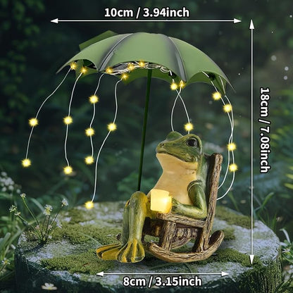Solar Frog Garden Decor, Waterproof Resin Sitting Frog Statue with Umbrella & LED String Lights, Outdoor Fairy Garden Figurine for Patio Yard Lawn Ornament, Housewarming Gift for Women Mom
