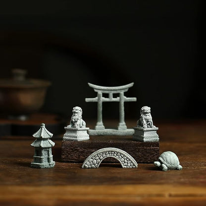 6 PCS Mini Zen Garden Accessories, Miniature Garden Bridge Foo Dogs Torii Gate Sandstone Figurines Meditation Zen Decor Japanese Fish Tank Terrarium Bonsai Decorations (Art Deco)