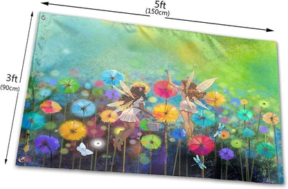 Spring Summer Seasonal Green Floral Flowers Art Flag 3x5 Ft Outdoor Indoor With Grommet Fairy Dragonfly Garden Yard Home Room Banner Decorative Sign