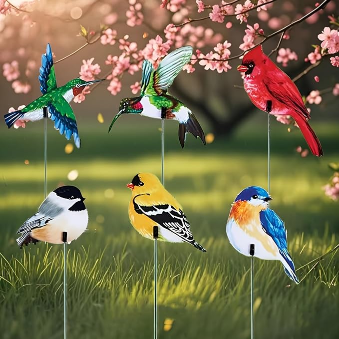 24PCS Bird Garden Stakes Decoration, 2D Flat Vibrant Bird Yard Decoration, Durable Weather Resistant Spring Garden Decorations for Crafts Outdoor Wall Patio Plant Yard Decor