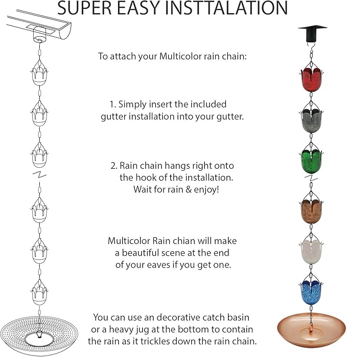 8.5FT Multicolor Rain Chains for Gutter and Rain Barrel, Rust-Resistant Plated Iron Rain Chain, Decorative and Functional Replacement for Downspouts or Gutters, W/Gutter Adapter (2 x 6color Cups)