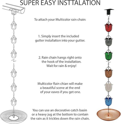 8.5FT Multicolor Rain Chains for Gutter and Rain Barrel, Rust-Resistant Plated Iron Rain Chain, Decorative and Functional Replacement for Downspouts or Gutters, W/Gutter Adapter (2 x 6color Cups)