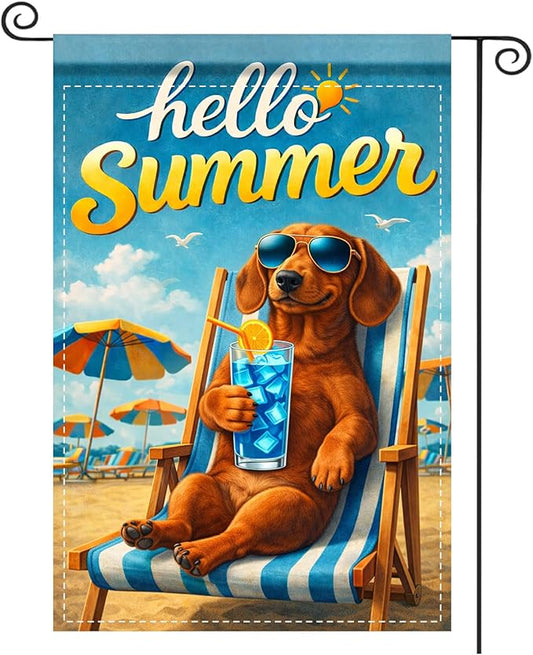 Nuxovilar Summer Garden Flag Hello Summer Dog Sunglasses Beach Chair Pattern Polyester 12x18 Inches Garden Flags for Outside Fun Decor Yard Porch Lawn