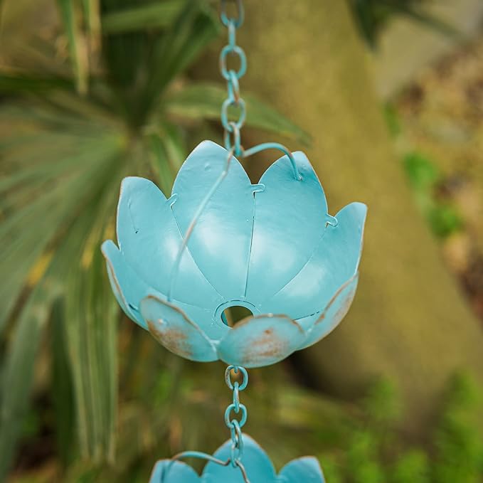 Topadorn 8.5 FT Rain Chain Iron Gutter Chains with 12 Rain Collector Thick Iron Flower Cups Garden Decoration,Lake Blue