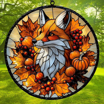 Autumn Lovely Fox Acrylic Suncatcher Stained Glass Effect Window Car Hanging Christmas Ornament Indoor Outdoor Decor Garden Sun Catcher Panel for Fox Lover for Women Mom Grandma