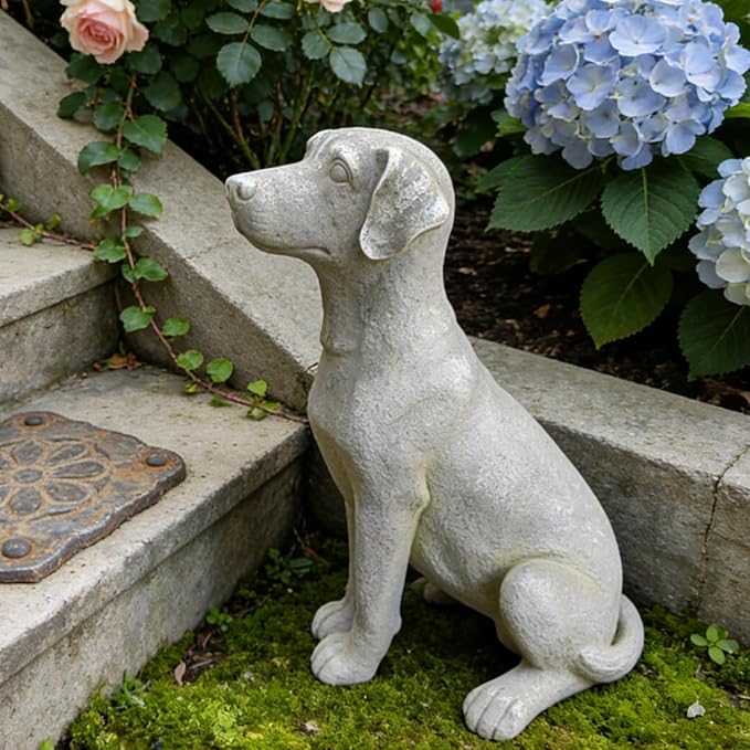 Cynkeyee Outdoor Garden Dog Statue - 15 Inch Resin Sitting Labrador Sculpture, Decorative Figurine for Patio, Lawn, Yard, Porch (White)