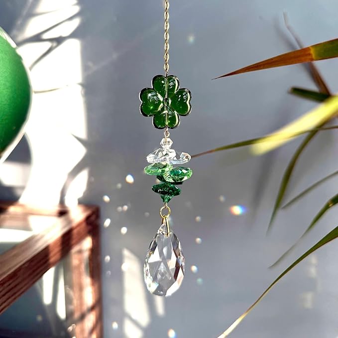 Matuna Four-Leaf Clover Crystal Suncatcher with Heart Prism Ball - Rainbow Maker Window Hanging Ornament for Car, Home, Garden (Purple)