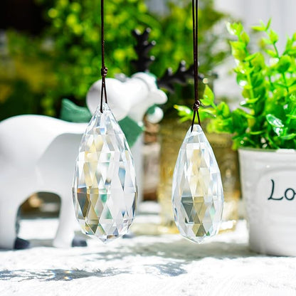 Set 2 Crystal Prism Clear Faceted Glass Olive Prisms Chandelier Crystal Hanging Ornaments for Christmas Tree DIY Suncatcher Pendants Rainbow Maker (76mm,89mm)