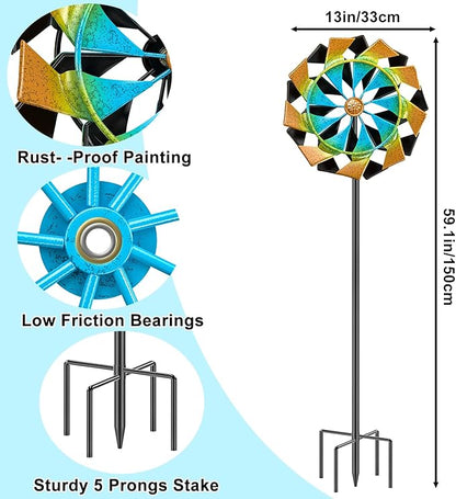 59 Inch Kinetic Wind Spinner Outdoor, Double Blade Wind Sculpture with 5 Prong Base, Garden Metal Pinwheel for Yard Lawn Patio Decor(Colorful)