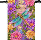 Spring Dragonfly House Flag 28 x 40 Double Sided Outside, Large Floral Flowers Yard Outdoor Flag for Summer Holiday Yard Porch Decor