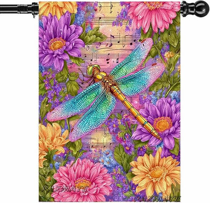 Spring Dragonfly House Flag 28 x 40 Double Sided Outside, Large Floral Flowers Yard Outdoor Flag for Summer Holiday Yard Porch Decor