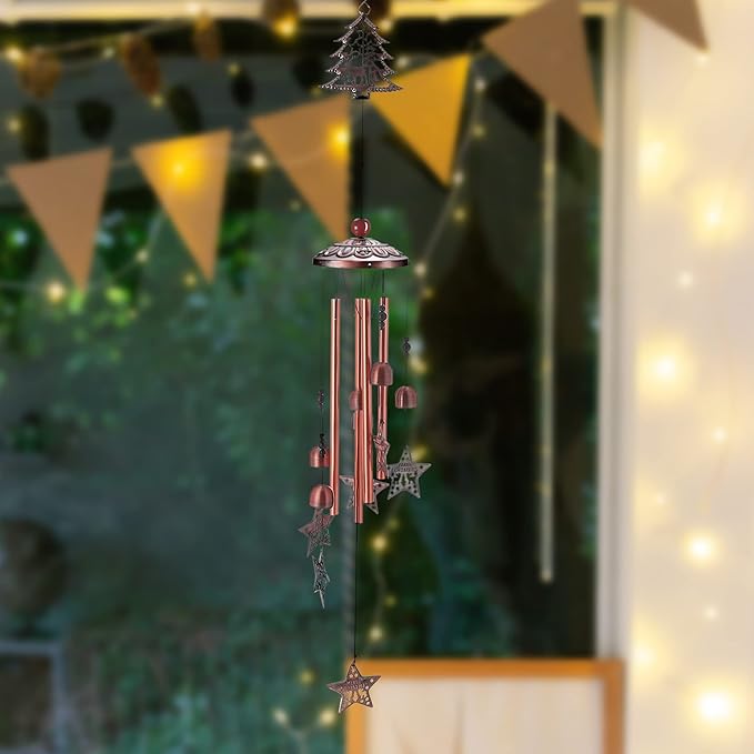 Yoption Christmas Wind Chime for Outside with Christmas Tree and Star, Handmade Metal Memorial Windchimes with S Hook for Garden Decor
