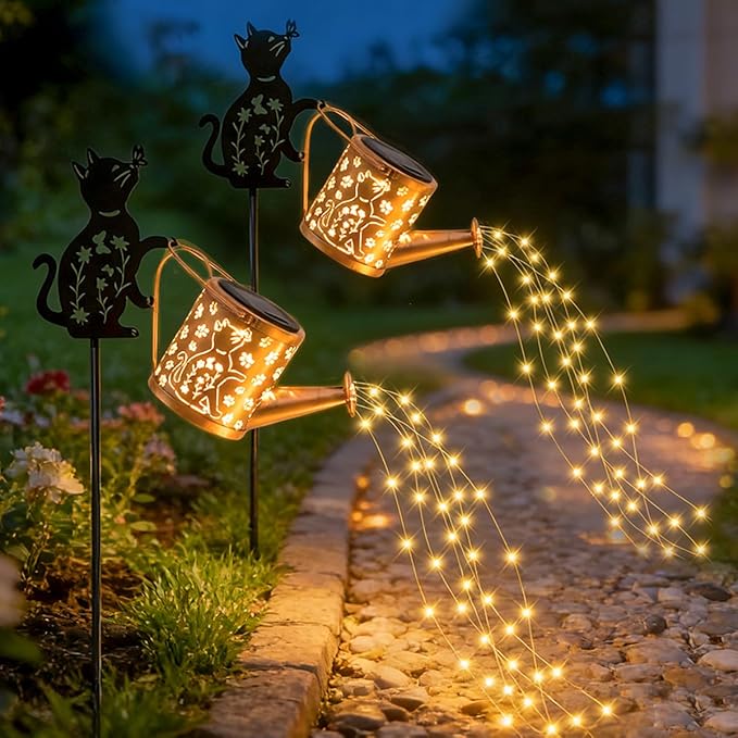 2 Pcs Solar Watering Can with Light, Outdoor Solar Cat Garden Decorative,Featuring Metal Cat Silhouette Stake, Gift for Women, Outdoor Waterproof,for Landscape,Lawn, Garden Path Decor