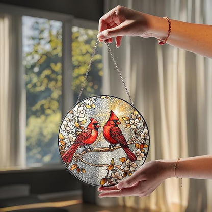 7.8" Cardinals Stained Glass Suncatcher, Red Birds Suncatcher for Window Hanging, Decor for Home Garden Housewarming, Cardinal Gift for Women, Girl, Mom, Grandma, Friend BIRD-41B-SG8