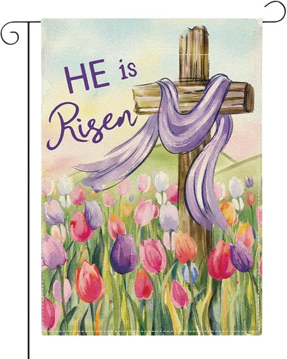 He Is Risen Easter Garden Flag Christian Cross Tulip Easter Garden Flag Decor Spring Double Sided House Flag for Outside Yard Decorations 12×18 Inch