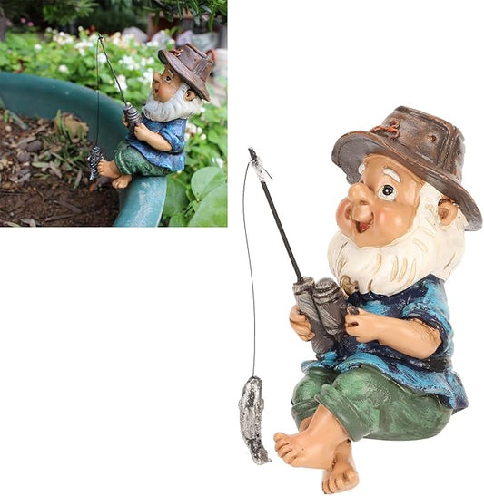 Pwshymi Fishing Gnome Garden Statue, Fishing Gnome Sitter Statue Funny Resin Decorative Outdoor Garden Lawn Gnome Fishing Gnomes Plush for Patio Yard Lawn Decoraci¨®n