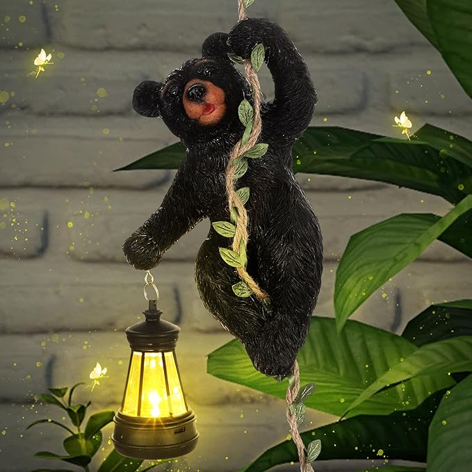 Rossesay 7 Inches Bear Statue Tree Hugger with Solar Light Resin Bear Statue Sign with LED Lantern Waterproof Hanging Figurine with Hook for Christmas Tree Decoration Outdoor Yard Garden(Black)