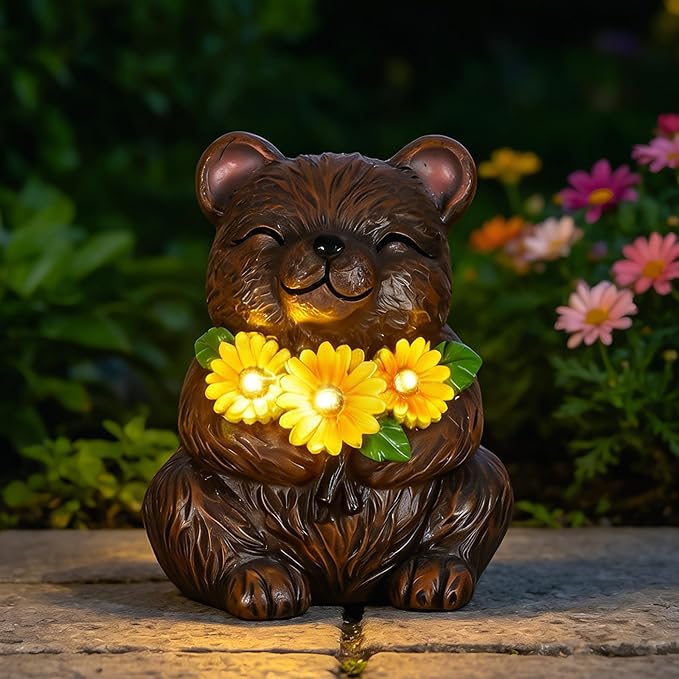 Solar Garden Statues Bear with Daisy and LED Lights Birthday Gifts for Women Mom Grandma Solar Outdoor Cat Decor for Outside,Outdoor Solar Lights for Yard, Garden and Patio, Unique Gift for Women