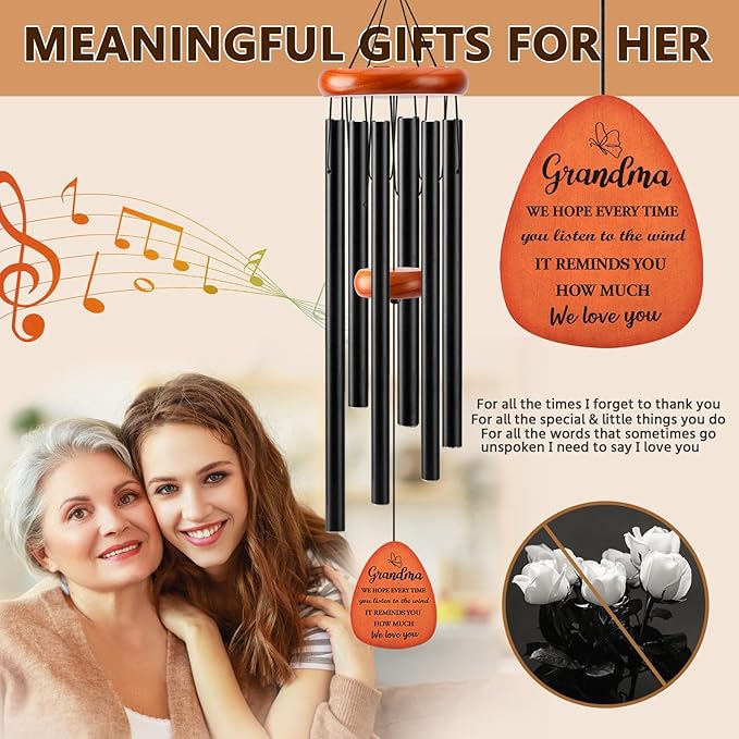 Wind Chimes Birthday Gifts for Grandma from Grandkids, Grandma Birthday Gift, Mothers Day Gifts for Grandma, 32" Black