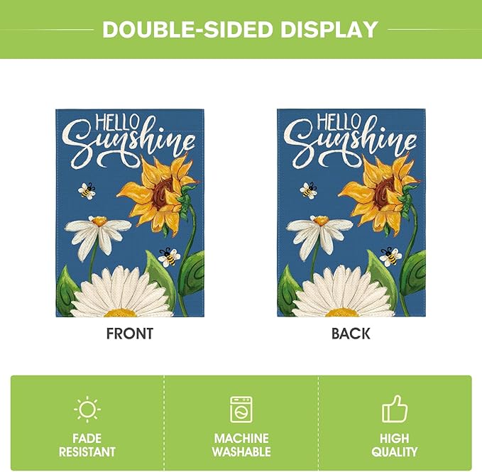 AVOIN colorlife Daisy Sunflower Hello Sunshine Garden Flag 12x18 Inch Double Sided, Summer Seasonal Holiday Burlap Yard Outdoor Decoration Blue