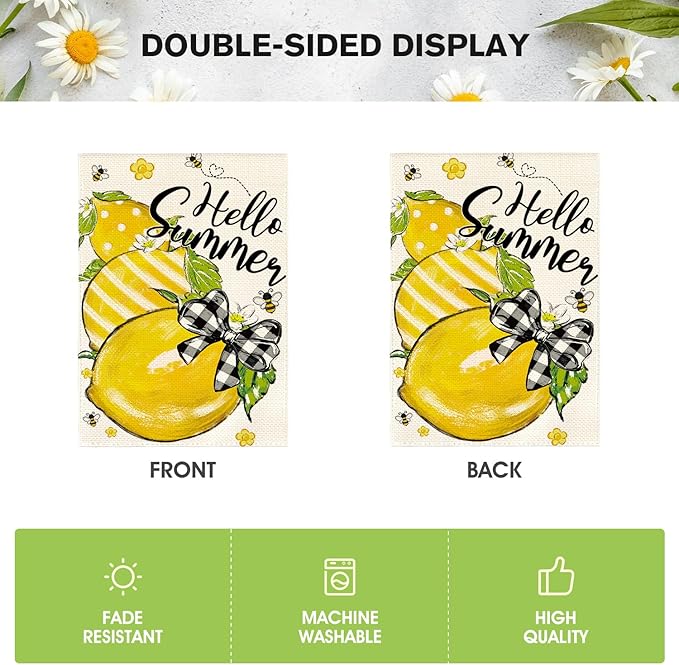 AVOIN colorlife Hello Summer Garden Flag 12x18 Inch Double Sided Outside, Lemon Bee Rustic Seasonal Yard Outdoor Flag