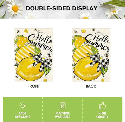 AVOIN colorlife Hello Summer Garden Flag 12x18 Inch Double Sided Outside, Lemon Bee Rustic Seasonal Yard Outdoor Flag