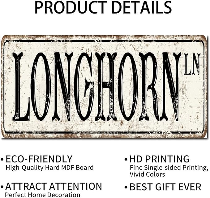 Madcolitote Personalized Longhorn Street Sign Vintage Longhorn Wood Signs Wall Art Rustic Wall Decorations for Living Room Home Decor for Home Man Cave Door Porch Garden Party 6x12in