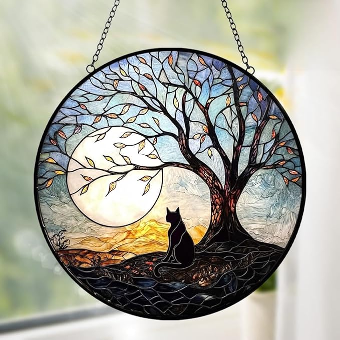 Black Cat Suncatcher Stained Glass Windows Hanging - Cat on a Tree Suncatchers for Windows Hanging - Handmade Sun Catchers Indoor Home Outdoor Garden Decor - Memorial Gifts for Cat Lover Women Men