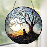 Black Cat Suncatcher Stained Glass Windows Hanging - Cat on a Tree Suncatchers for Windows Hanging - Handmade Sun Catchers Indoor Home Outdoor Garden Decor - Memorial Gifts for Cat Lover Women Men