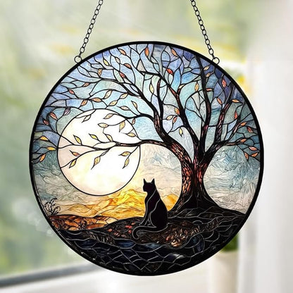 Black Cat Suncatcher Stained Glass Windows Hanging - Cat on a Tree Suncatchers for Windows Hanging - Handmade Sun Catchers Indoor Home Outdoor Garden Decor - Memorial Gifts for Cat Lover Women Men
