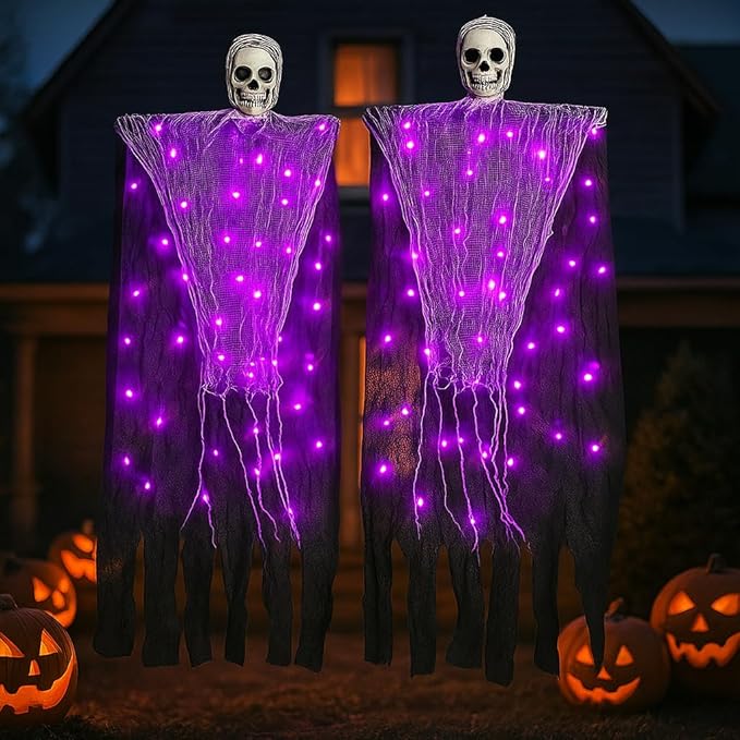 Halloween Decorations Outdoor, 2 Pack Hanging Light Ghost Spooky Skeletons Decor Supplies, Haunted Creepy House Halloween Flying Decoration with Yard Tree Porch Garden Party Indoor Décor