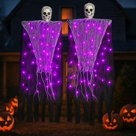 Halloween Decorations Outdoor, 2 Pack Hanging Light Ghost Spooky Skeletons Decor Supplies, Haunted Creepy House Halloween Flying Decoration with Yard Tree Porch Garden Party Indoor Décor