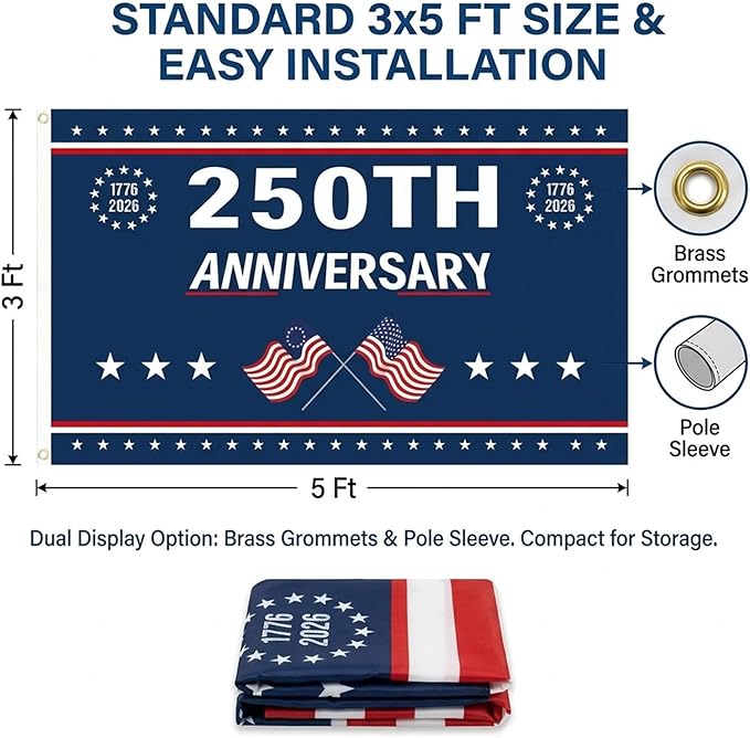 250th Anniversary Flag 3x5 Ft Anniversary Flag, 1776-2026, 250 Years Birthday flags for Patriotic Yard, House Banner, Room, Porch, Wall, Fence, Outdoor Decorations(Style 2)