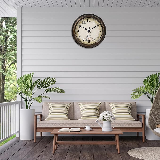 Outdoor Clocks Waterproof with Thermometer Combo Vintage Rustic Wall Clock for Patio Pool Bathroom Kitchen(8 Inch,Bronze)