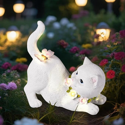 Solar Garden Statue Cat Figurine, Resin Solar Lights with Flower Decor for Outside, Yard Art Patio Balcony Lawn Decorations, Unique Gifts for Mom Grandma Women and Cat Lover (White)