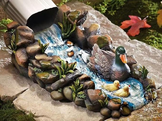 Mallard Duck Statue Splash Block Gutter Downspout Extensions Garden Decor, Decorative of Gutters Downspout Rain Concrete Pond Splash Block, Duck Family Gutter Downspout Accessory, 13.4" L x 6.3" W