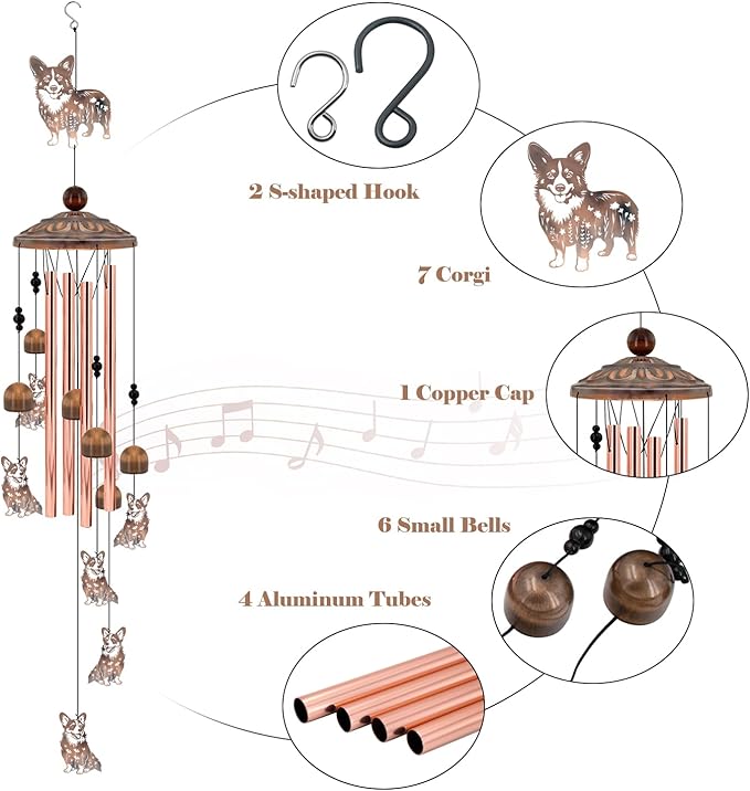 Corgi Wind Chimes for Outside,Metal Garden Decor Corgi Windchimes Gifts for Grandma/Women Birthday Gifts,Outdoor/Indoor Metal Wind Chime for Garden,Home, Lawn, Porch, Yard (35")