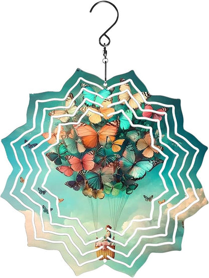 8 Inch Sublimation Wind Spinner, 3D Aluminum Metal Wind Spinner with Hook, Indoor Yard Garden Hanging Decoration, Weather Resistant Rotating Spiral Ornament, Butterfly Hot Air Balloon